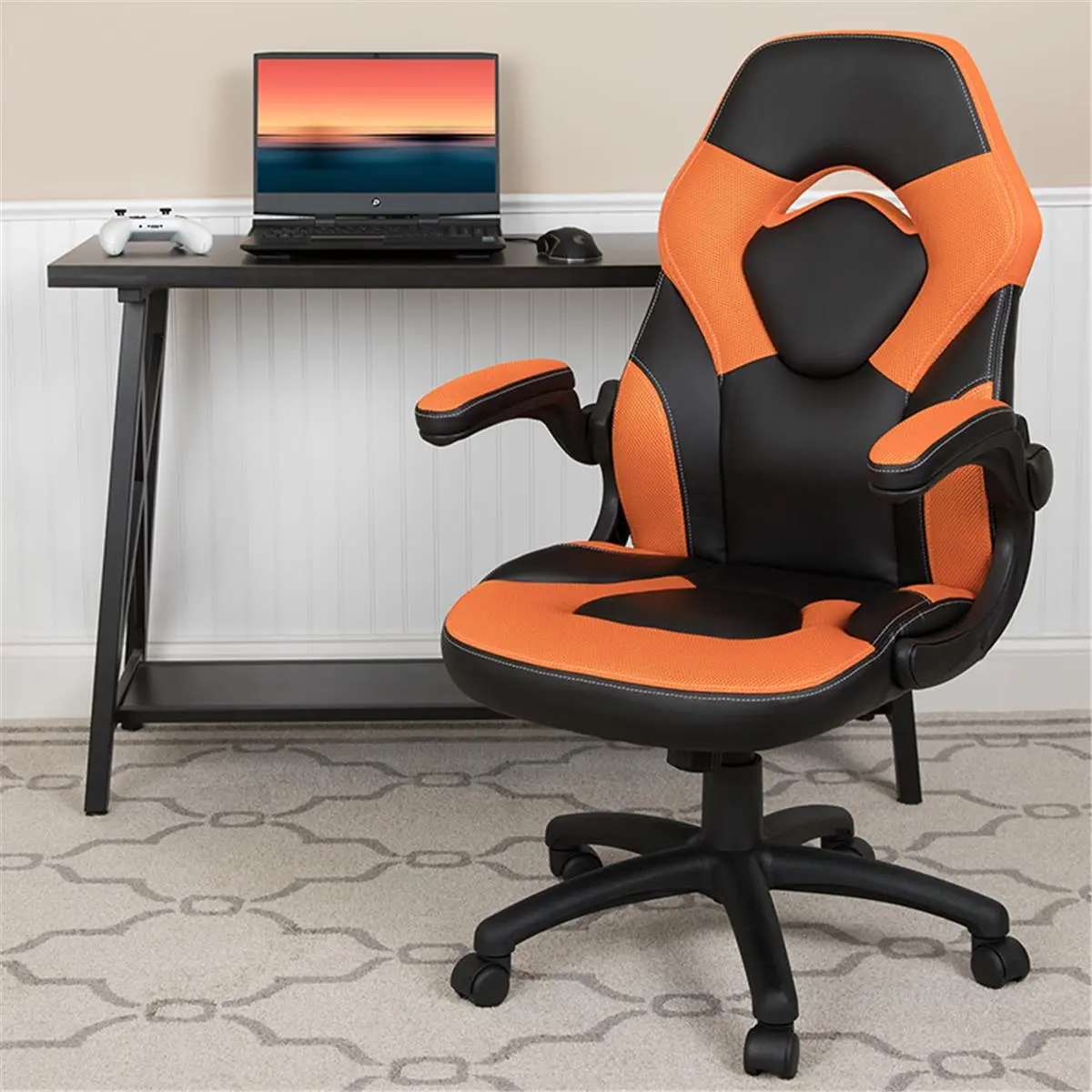 Flash Furniture Modern Racing Style Gaming Chair for Gamers, Ergonomic High-Back LeatherSoft Rolling Computer Chair with Generous Padding, Adjustable Height, Flip-Up Armrests, Plastic Base, Tilt Tension Adjustment Knob, Waterfall Seat, Orange and Black, N