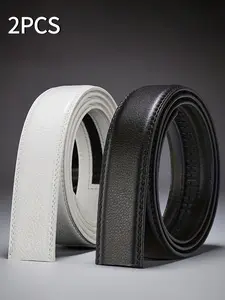 2 PU belts, buckle free, suitable for automatic buckle, black and white, durable and fashionable, suitable for men and women, very suitable for business or casual wear, casual wear belt | classic belt | smooth texture belt, replacement belt