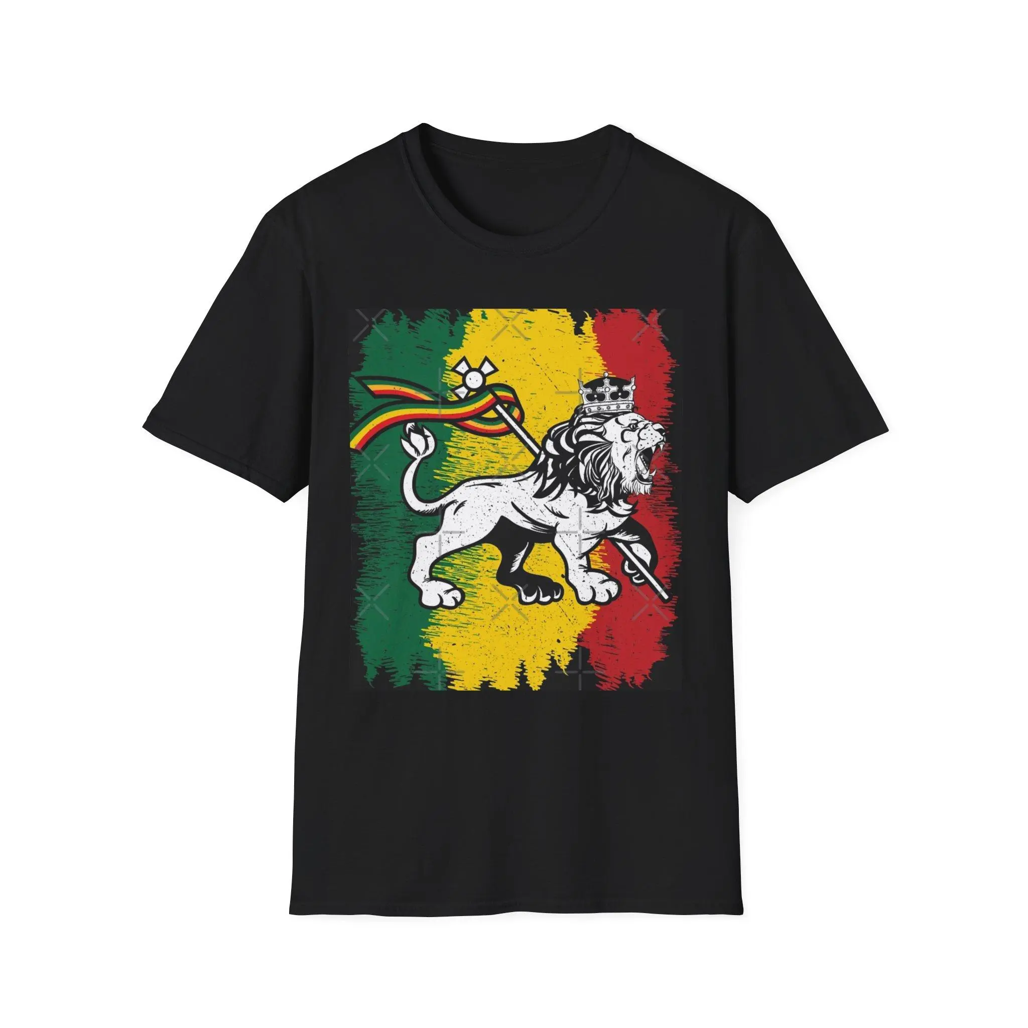 Lion of Judah Tee, Unisex Rasta Flag Graphic, Shortsleeve Top in a Soft Cotton-Polyester Blend Fabric with a Ribbed Round Neck, Casual, Menswear, Ethiopian, Pearlized Tag, Ring-Spun Cotton, Ribbed Crew Neck, Rasta Flag Print, Side Seamless, All-Year Wear,