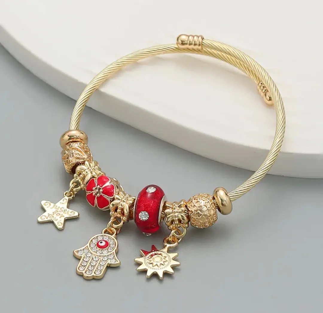 Women's Stainless Steel Evil Eye Charm Bracelet - Trendy Stainless Steel Bangle, Red and Blue Eye Nazariya Nazar Battu Charm, Fashion Costume Jewelry Accessory for Daily Wear, Good Luck Prosperity Gift, Charm Bracelets