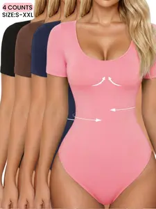 Women's Shapewear for All Seasons,Ribbed Abdomen Control Bodysuit, Short Sleeve Seamless Summer T Shirt, Comfortable Scoop Neck BodySuit Stretchy Basic Tops, Fit Soft Elastic Fabric, Perfect For Daily Wear and Going Out