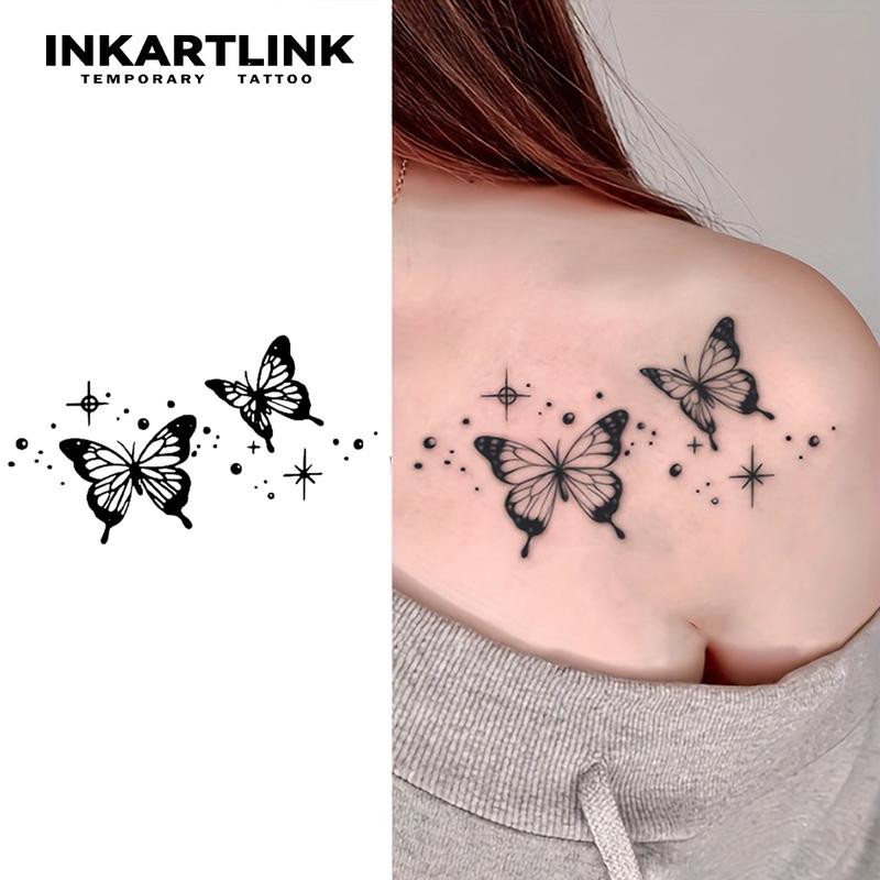 INKARTLINK Tattoo Tech, 2 Sheets Medium Semi Permanent Tattoo, Temporary Tattoos, Last 1-2 Weeks, Waterproof, Realistic Look, No Adhesive, No Reflection (Double Butterflies)