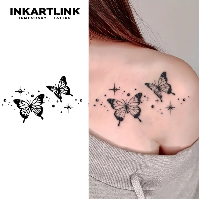 INKARTLINK Tattoo Tech, 2 Sheets Medium Semi Permanent Tattoo, Temporary Tattoos, Last 1-2 Weeks, Waterproof, Realistic Look, No Adhesive, No Reflection (Double Butterflies)