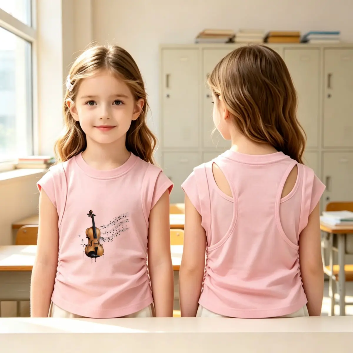 Girls' 100% Cotton Violin Music Print Sleeveless Racerback Tank Top Casual Summer Playwear