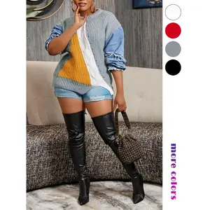 Women's Colorblock Drop Shoulder Sweater, Casual Long Sleeve Round Neck Sweater Knitwear Tops, Sweaters for Women, Comfortable Baddie Knitwear Outfits for Plus Size, Going Out Outfits 2024