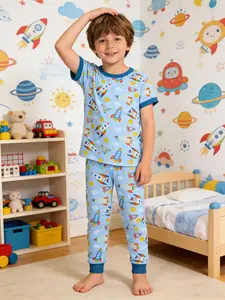 Boys' 2-Piece Space Rocket Planet Print Round Neck Short Sleeve Long Pants Pajama Set, Casual Homewear Sleepwear for Kids, Sleepwear Pajamas