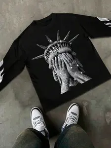 Diamond-Studded Liberty Statue Long Sleeve | Black Streetwear w/ Flame Sleeves | Edgy Urban Fitted Graphic Print Tee | Perfect for #TikTokFashion #StreetwearOOTD #2025Trends | Bold Sparkle Accents | Comfy Stylish Daily Wear | Viral-Worthy Statement Piece!