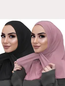 2-Pack Muslim Headscarf with Neck Clip, Ethnic Pull-On Shawl, Comfortable Soft Fabric, Stylish Hijab Hat for Daily Wear