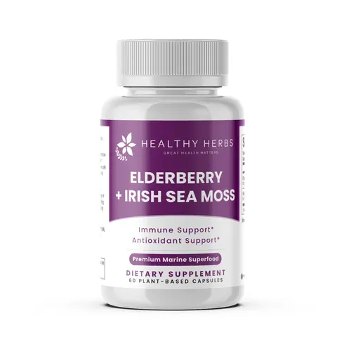 Elderberry & Irish Sea Moss Extract Capsules - Vegan Botanical Daily Nourishing Supplement, Gluten-Free, GMO-Free, Immunity Boost, Thyroid & Digestive Health Support, 60 Capsules, 3-Month Supply, 1 Serving Per Use, All Ages