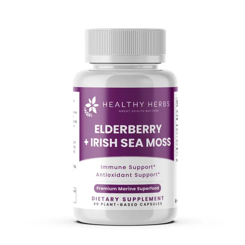 Elderberry & Irish Sea Moss Extract Capsules - Vegan Botanical Daily Nourishing Supplement, Gluten-Free, GMO-Free, Immunity Boost, Thyroid & Digestive Health Support, 60 Capsules, 3-Month Supply, 1 Serving Per Use, All Ages