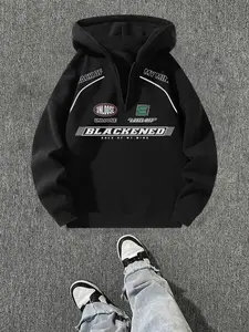 Men's Fall Winter American Retro Racing Hoodie, Graphic Hoodies, Sweatshirts, Half-Zip, Loose Fit, Shoulder Drop, Comfortable Skin-Friendly Fabric, Soft Breathable