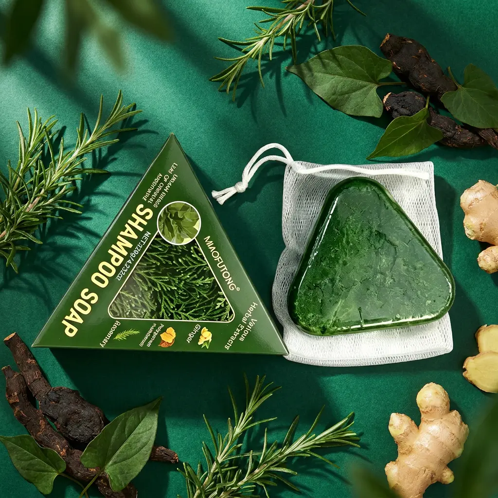 Anti hair loss shampoo soap containing Usman herbs to enhance root system and reduce hair loss for sparse hair. Herbal hair soap for hair care and cleaning