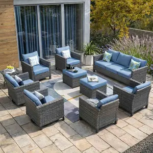 Ovios Patio Conversation Set 10-Piece Outdoor Furniture with Swivel Rocking Chairs & 3-Seat Sofa, Wicker Patio Set with Ottomans & Coffee Table, All-Weather PE Rattan Furniture for Backyard Porch Deck