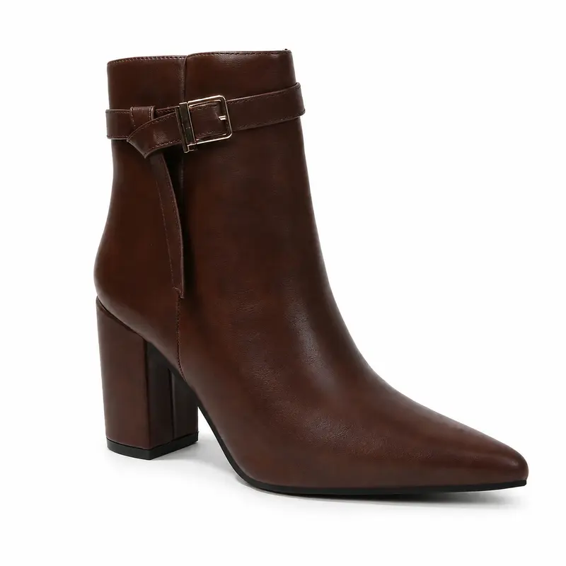 BERNESS Blanche Women's Casual Ankle Boots - Pointed Toe Faux Leather Buckle Detail Block Heel Shoes, Rubber Sole for Fall Winter Work