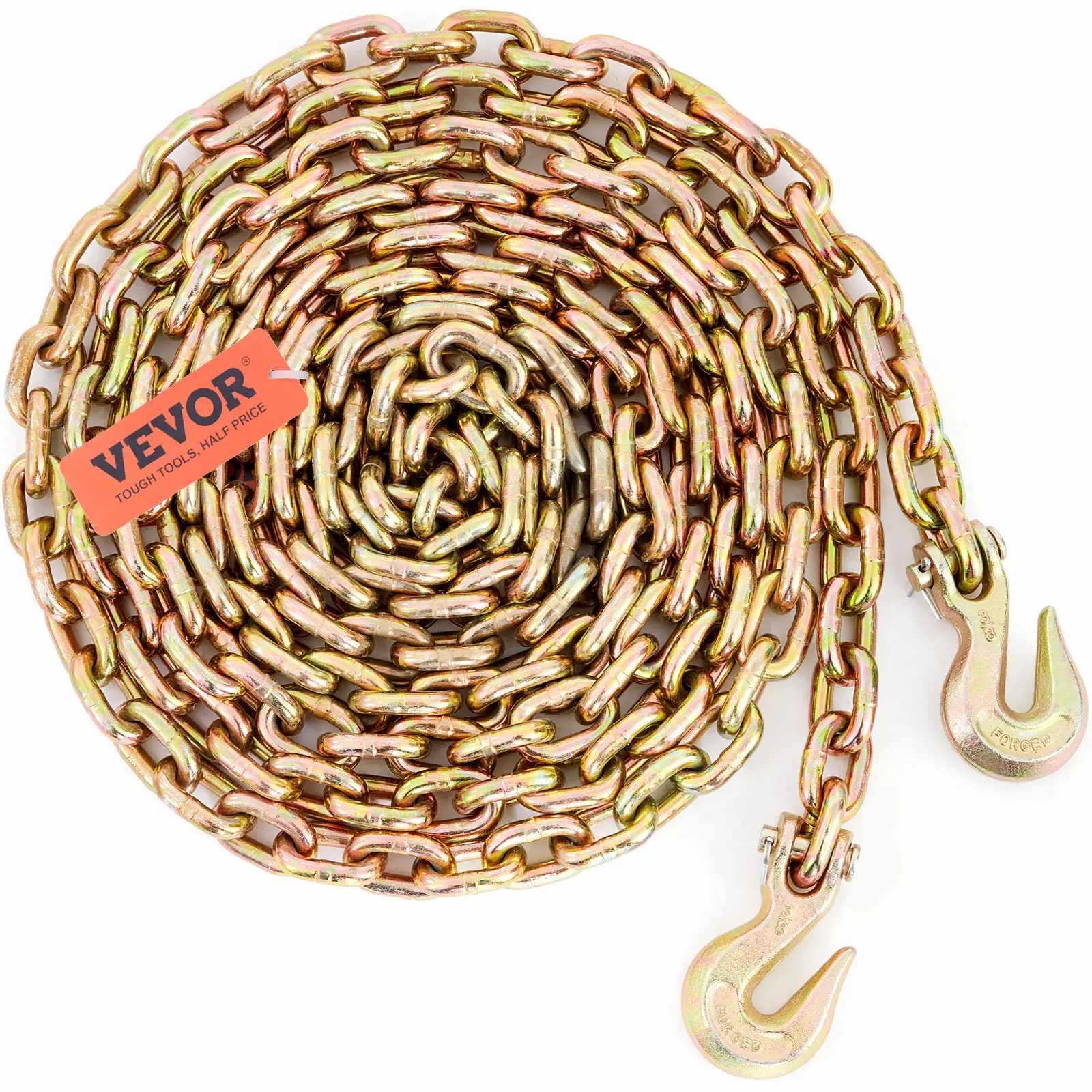 VEVOR G80 Transport Binder Chain - 7100 lbs Load Limit, 3/8 Inch x 20 Ft Steel Tow Chain with Grab Hooks - DOT Compliant, Galvanized Manganese Steel - For Construction, Dock, Factory Tie Down - Ideal for Heavy Duty Applications
