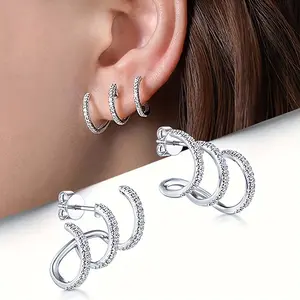 Zircon Three-Prong Curve Line Stud Earrings for Women & Men