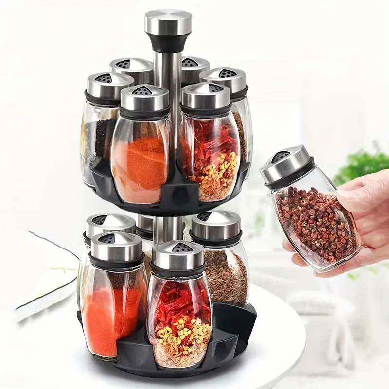 2-Layer Stainless Steel Spice Organiser - 360° Rotatable Tower Rack Set with 12 Transparent Glass Seasoning Bottles with Lids & Spouts for Cabinet, Countertop Kitchen Storage