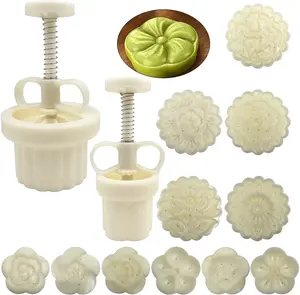 2 Set Mooncake Mould Press with 11 Stamps, DIY Cookie Cutter 50g 100g Flower Press Hand Pressure Mooncake Baking Tools