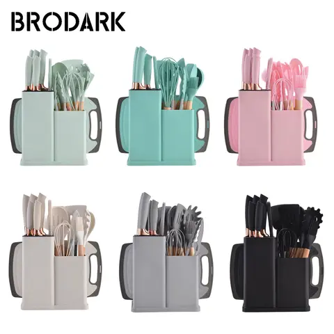 BRODARK 19pcs Food Grade Silicone Kitchenware Set - Durable Heat-Resistant Utensils Kit with Handle, Spatula, Knives, Spoon, Shovel, Cutting Board, Egg Beaters, Storage, Portable Blush Pink Cookware for Home/Restaurant Cooking, Versatile Kitchen Supplies