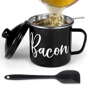 Bacon Grease Container with Strainer - with Food-Grade Silicone Spatula, 46oz Large Enamel Rustic Farmhouse Fat Container, Keeper, Recipes, Dishwasher Safe