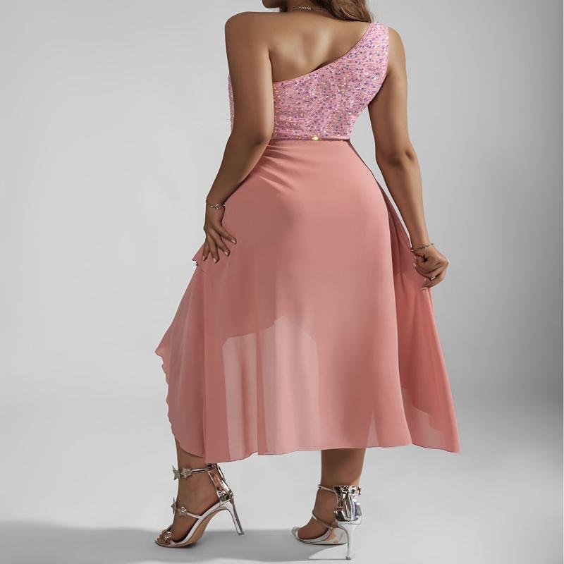 Emerald Green Sequin One-Shoulder Tulip Dress - Elegant Sleeveless Fitted Top & Flowy Skirt Mid-Length Formal Party for Women, Hand Washable All-Season Evening Gown, Seasonal Fashion, Fabric Polyester Womenswear Chic