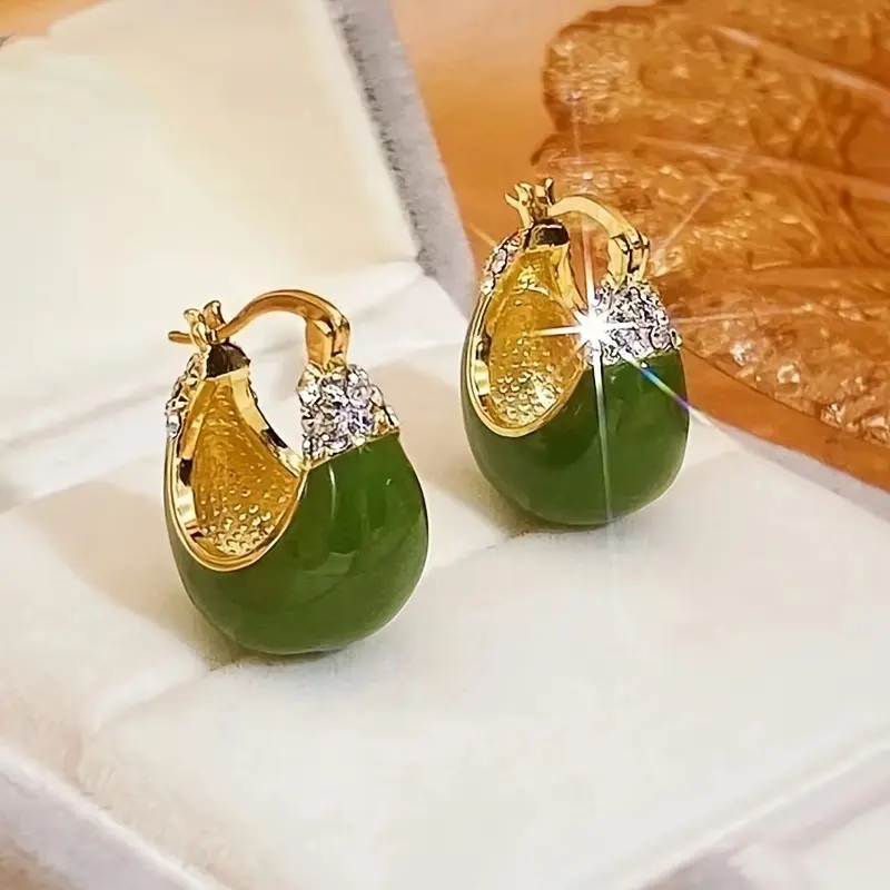 Exquisite Green Oil Painting Style C-Shaped ArtficialCrystal Statement Earrings - High-End Fashion Jewelry for Women, Perfect Valentine's Day Gift Ear Accessories