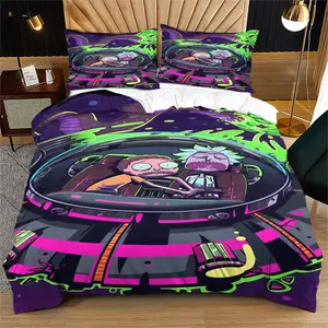 Rick and Morty Pattern Printed Soft Durable Decorative Bedding Set, Includes 1 Fitted Sheet and 1 or 2 Pillowcases, Excluding the Core and Pillow Core, Modern Style Bedroom Decor