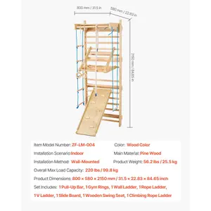 VEVOR Swedish Ladder Wall Gym, 8-in-1 15 Levels Solid Wood Wall Stall Bars, 220LBS Indoor Jungle Gym Climbing Playset with Wall Ladder, Slide Board, Pull-Up Bar, Gym Rings, Swing Seat, Rope Ladder