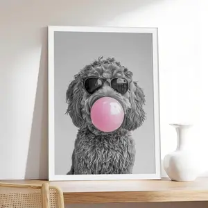 Labradoodle Pink Bubble Gum _ Funny Dog Trendy Portrait, Pet & Animal Canvas Print, Minimalist & Neutral-Style Poster, Bedroom Aesthetic Wall Decor.