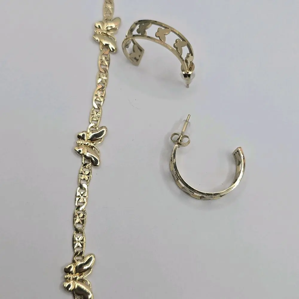 BUTTERFLIES beautiful set bracelet with hoops earrings gold-plated 7"inches
