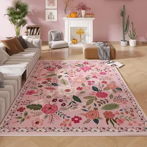 Floral Print Non-slip Rug, Floral Pattern Rug, Flower Pattern Rugs, Floral Area Rug, 1 Count Boho Style Vintage Large Rug, Machine Washable Rug for Living Room Bedroom Farmhouse Dining Room, Home Decor