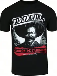 Men's Sports Casual 100% Cotton "Pancho Villa Tribute Graphic Digital Print T-Shirt" Casual Top - Menswear, Tops