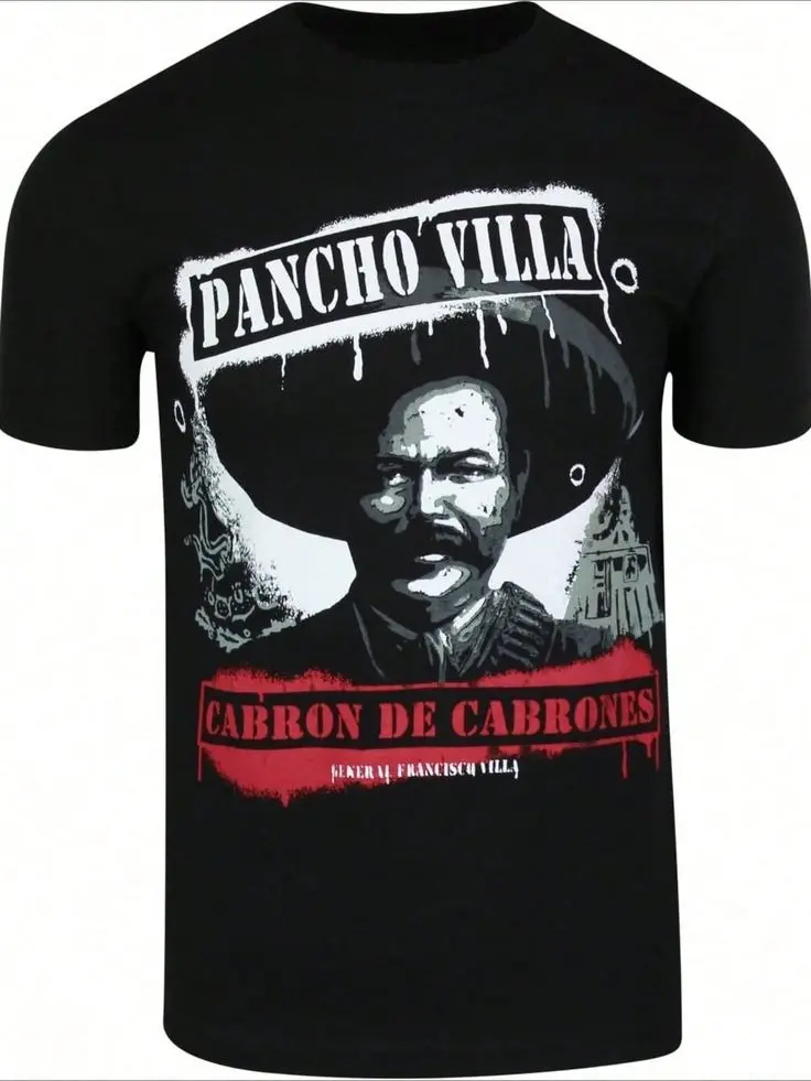 Men's Sports Casual 100% Cotton "Pancho Villa Tribute Graphic Digital Print T-Shirt" Casual Top - Menswear, Tops