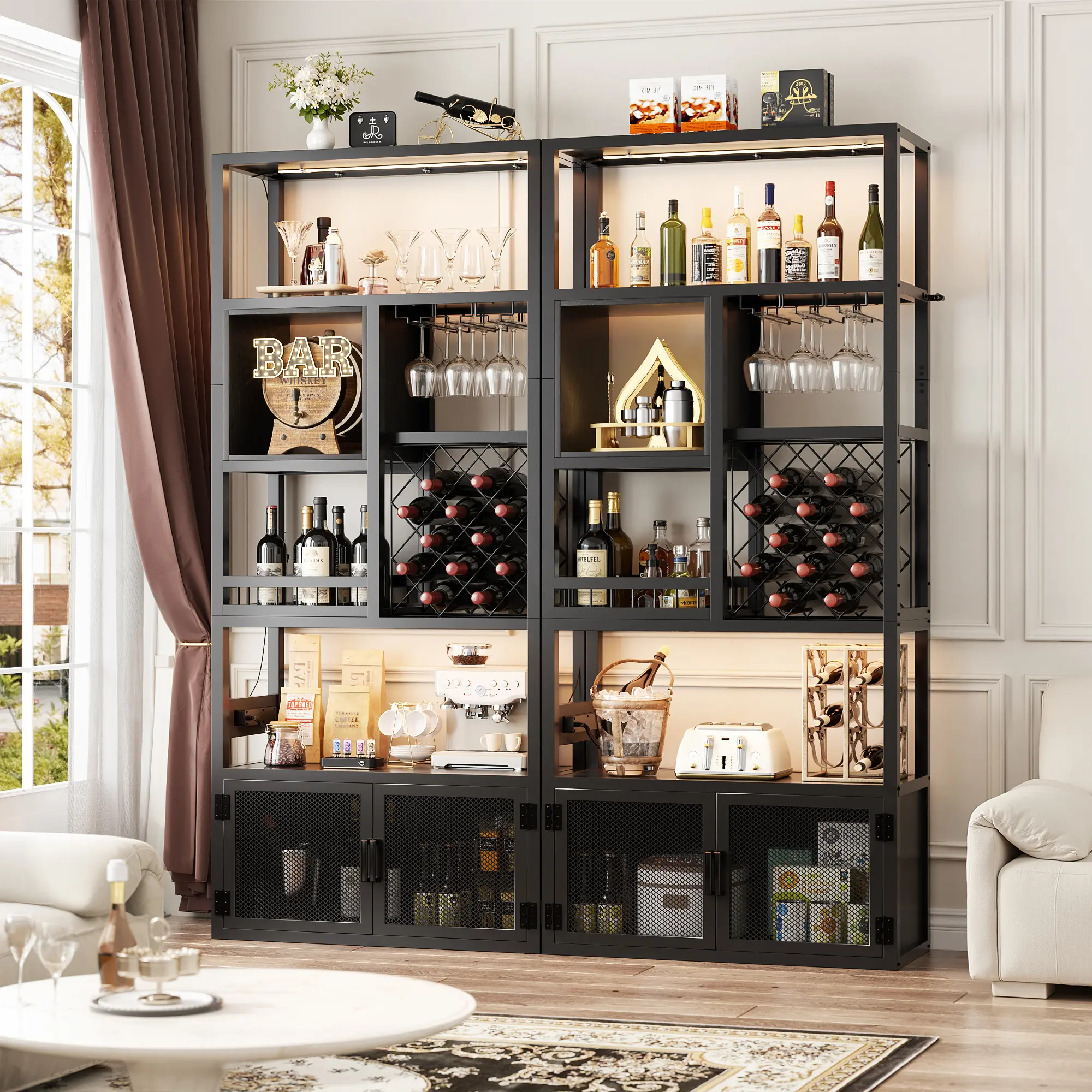 Armocity Wine storage 83"H  Wine rack removable with Storage Wine bar cabinet for Home with LED Lights and Outlets