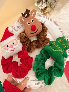 2Pcs Set Christmas Deer Reindeer Plush Hair Tie Scrunchie, High Elastic Durable Hair Band, Cute Holiday Style Festival  Christmas Santa Claus Gosplay Accessory Perfect for Party role-playing Gift Present