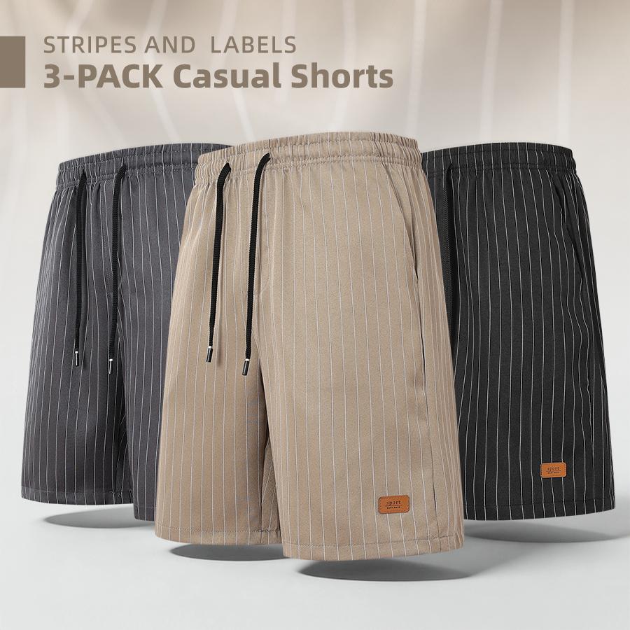 3-pack men’s casual shorts with vertical stripes, loose straight cut, drawstring elastic waistband, minimalist retro style, versatile for everyday commuting