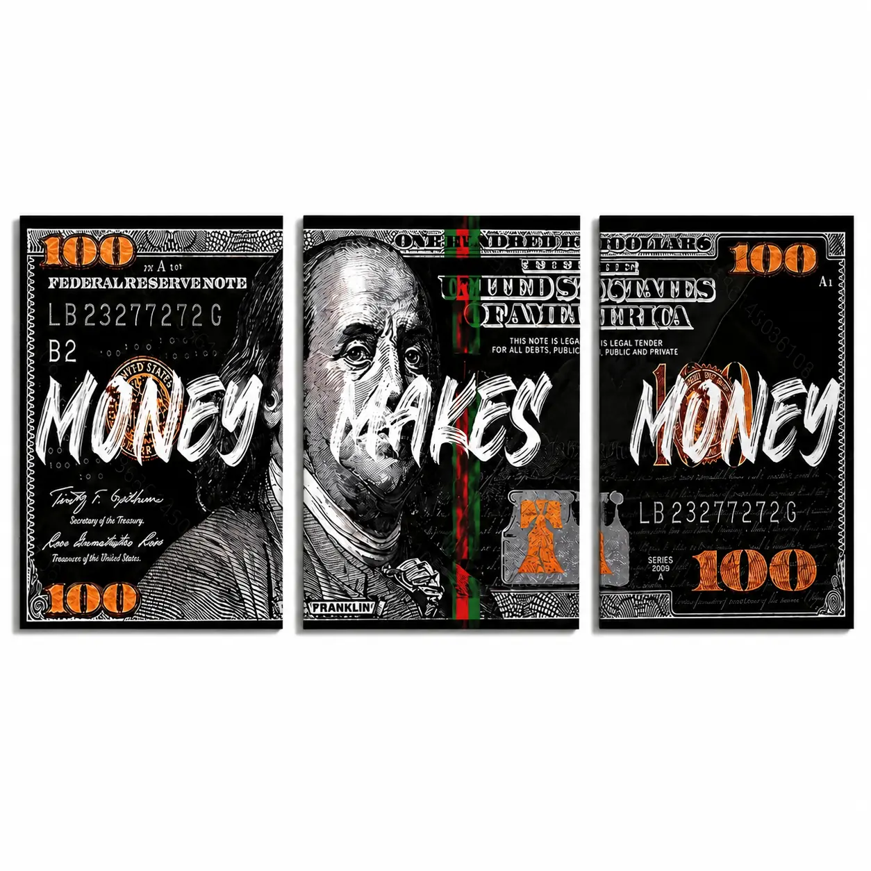 Money Makes Money Canvas Wall Art, Black Gold 100 Dollar Bill Street Art, Motivational Entrepreneur Office Decor