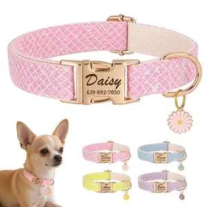 Bling Nylon Custom Dog Collar Cute Flower Tag Dog Collars Engraving Pet Name ID Buckle Necklace For Small Large Dogs Chihuahua