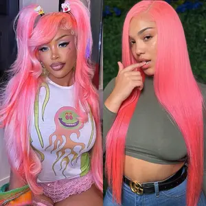 GK Pink Lace Front Wig Human Hair 180 Density Pink Wig Human Hair 13x6 HD Body Wave Lace Front Wigs Pre Plucked