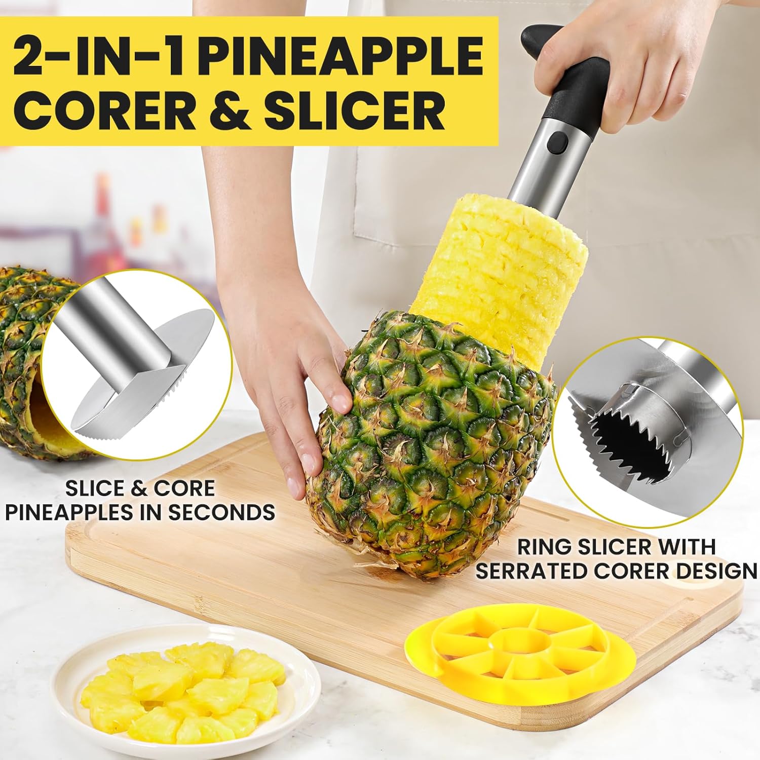 Pineapple Corer and Slicer Tool - Pineapple Cutter with Sharp Serrated Tips - Easy to Use & Clean - Stainless Steel Core Remover for Pineapple - Slice and Core Fruits with Ease(Black)