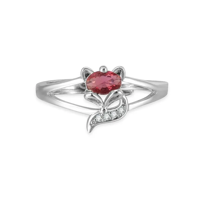 New Vintage Fox Adjustable Open Ring for Women, Elegant Imitation Red Cubic Zircon Statement Finger Band