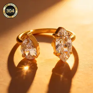 Chic Open Ring - Fashion Costume Jewelry, Luck Jewelry, Sparkling Pear & Marquise Cubic Zirconia, Metal Coating, Lightweight & Durable, Summer Vibes