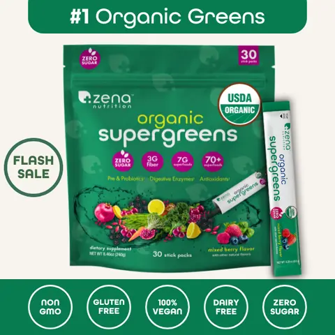 Zena Nutrition Organic Supergreens 30 Stick Packs 70+ Superfoods 3g Fiber Zero Sugar Antioxidants Prebiotics Probiotics Digestive Enzymes Mushrooms USDA Organic Gluten-Free Vegan Non-GMO Dietary Supplement - Healthcare