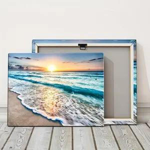Sunset Beach Landscape Pattern Wall Art, Wooden Wall Art, 1 Count Wood Framed Canvas Painting, Aesthetic Room Decor, Wall Decor for Bedroom, Living Room, Dining Room, Bathroom, Ornaments