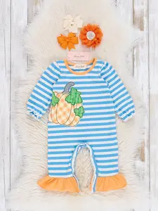 Cobalt Striped Gingham Pumpkin Ruffle Romper