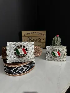 Dylan Silver Mexico Flag Belt Buckle - Silver Finish with Mexican Flag Design, Includes Two Buckles with Unique Patterns