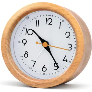 4''  Wooden Analog  Clock with Soft Night Light -  Operated Non-Ticking Silent Tabletop Minimalist Desk & Bedside Clock for Bedrooms Living Room  Office Decor