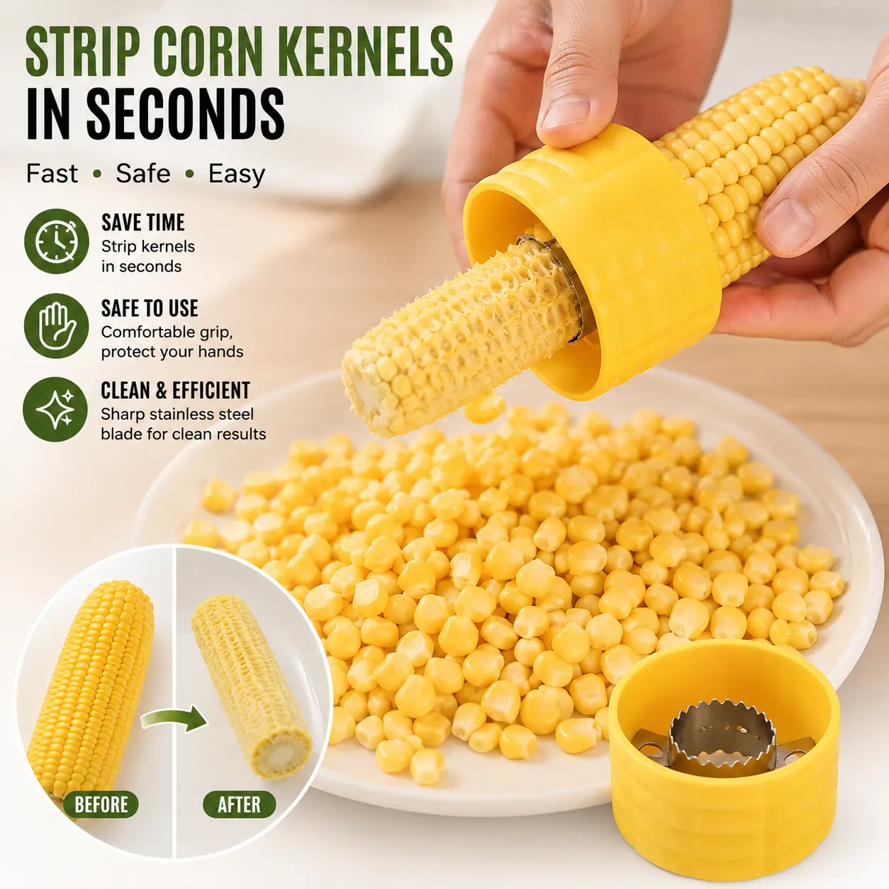 Compact Stainless Steel Corn Kernel Stripper with Collection Cup, Handheld Peeling Utensils, Household Kitchen Gadget for Quick Food Prep & Home Cooking
