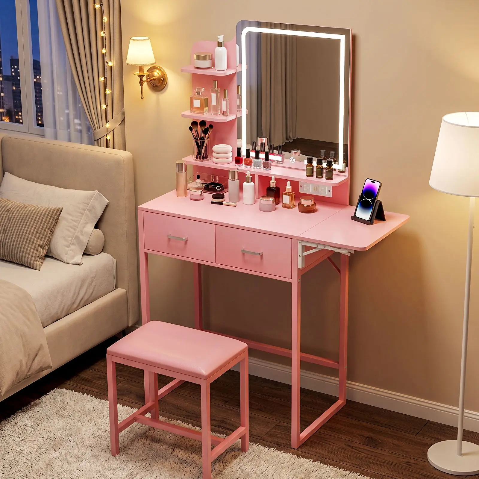 Pink Vanity Desk with Lighted Fold‑Up Mirror Panel, Small Makeup Vanity Table with Fabric Drawers, 3‑Tier Shelves, Power Outlet & USB Ports, Cushioned Stool Included for Bedroom