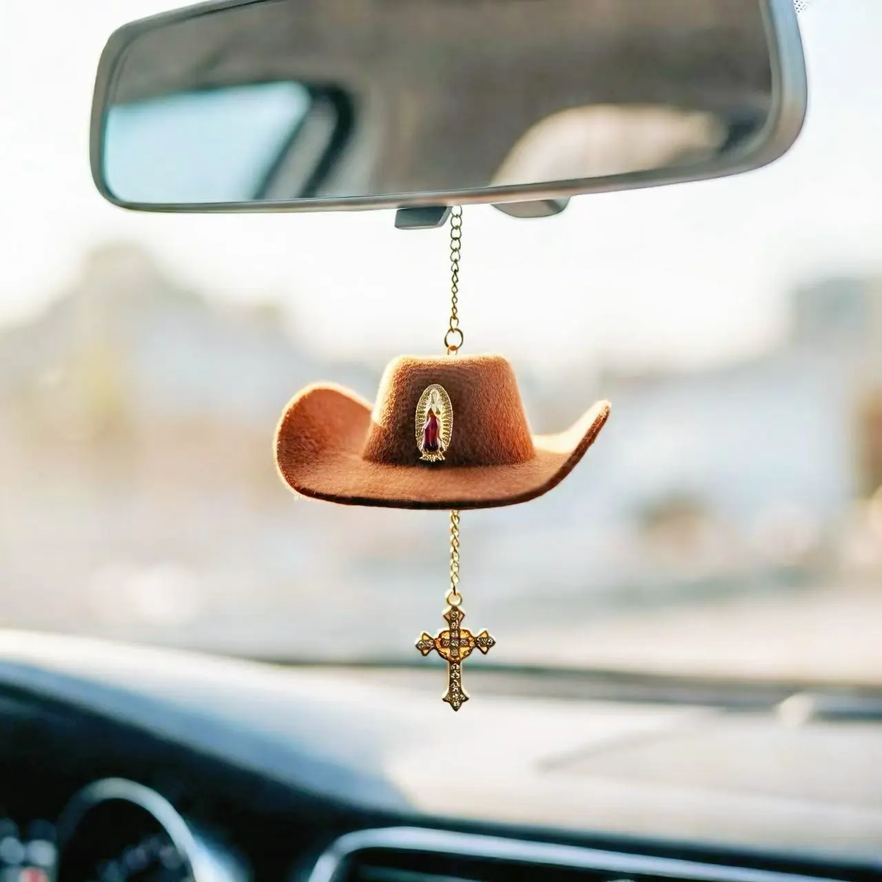 Faith Charm - cowboy hat with Virgin Mary charm and rhinestone trim. Red cross hanging charm Dashboard Decorations, Car Interior Accessory, Car Accessories, Automotive Decoration, Car Ornament, Car Interior Ornaments